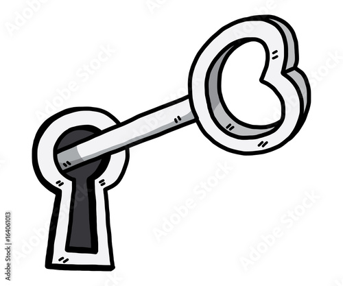 key and keyhole / cartoon vector and illustration, hand drawn style, grayscale, isolated on white background.