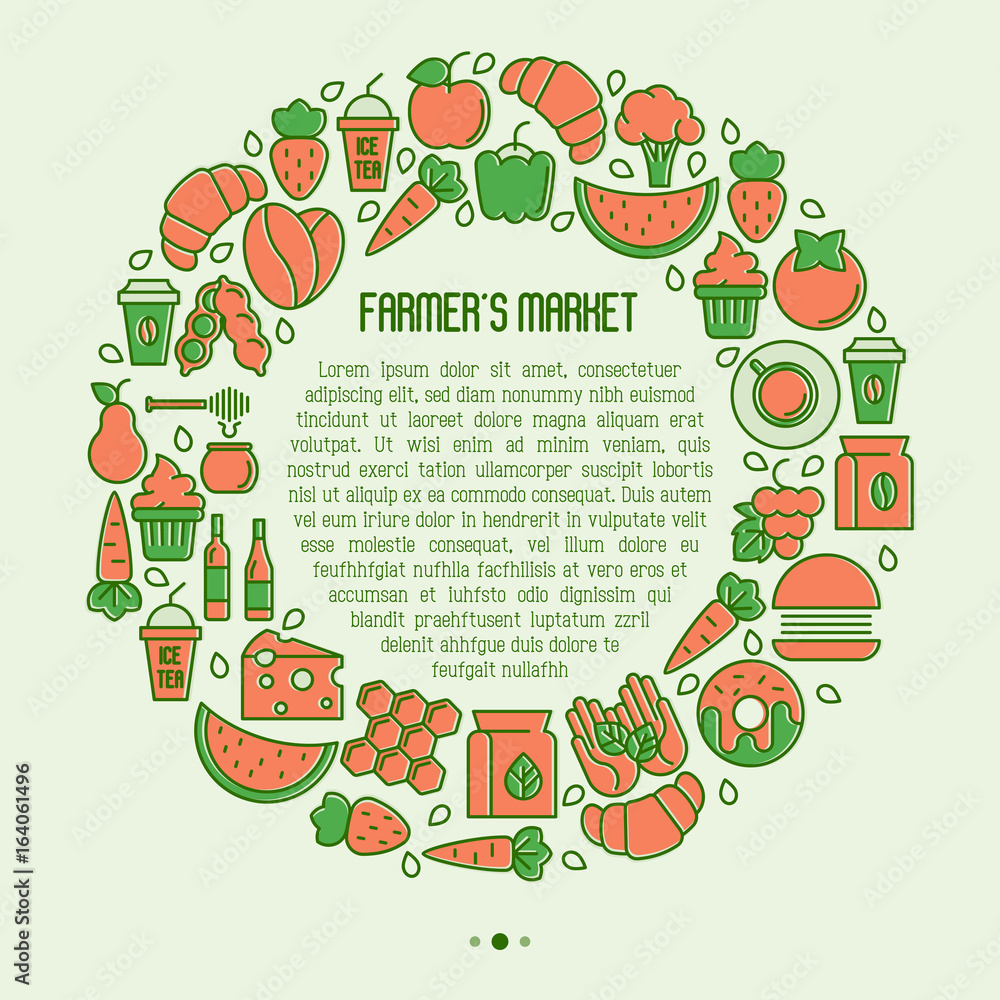 Farmer's market concept in circle with thin line icons: fruits, coffee, tea, honey, food, olive oil and place for text inside. Vector illustration for invitation, banner, announcement. Farmer's market concept in circle with thin line icons: fruits, coffee, tea, honey, food, olive oil and place for text inside. Vector illustration for invitation, banner, announcement.