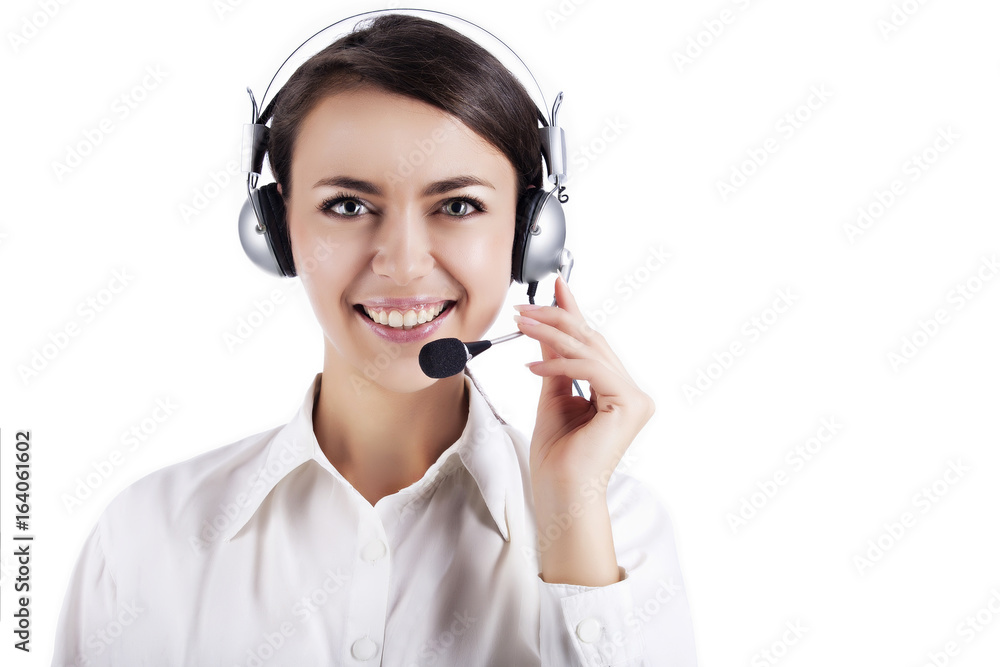 Communication concept information. Beautiful Caucasian girl with headphones and a microphone. Isolated on white background. Communication concept information. Beautiful Caucasian girl with headphones and a microphone. Isolated on white background.