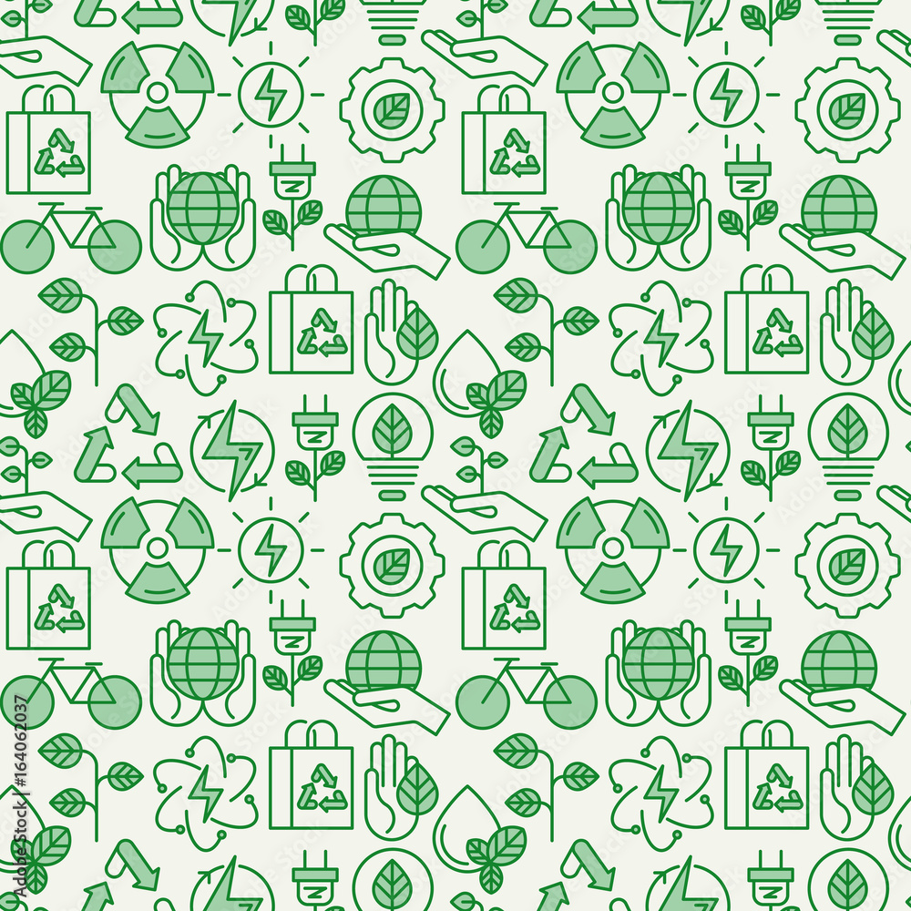 Ecology seamless pattern with thin line icons for environmental, recycling, renewable energy, nature. Vector illustration for background.