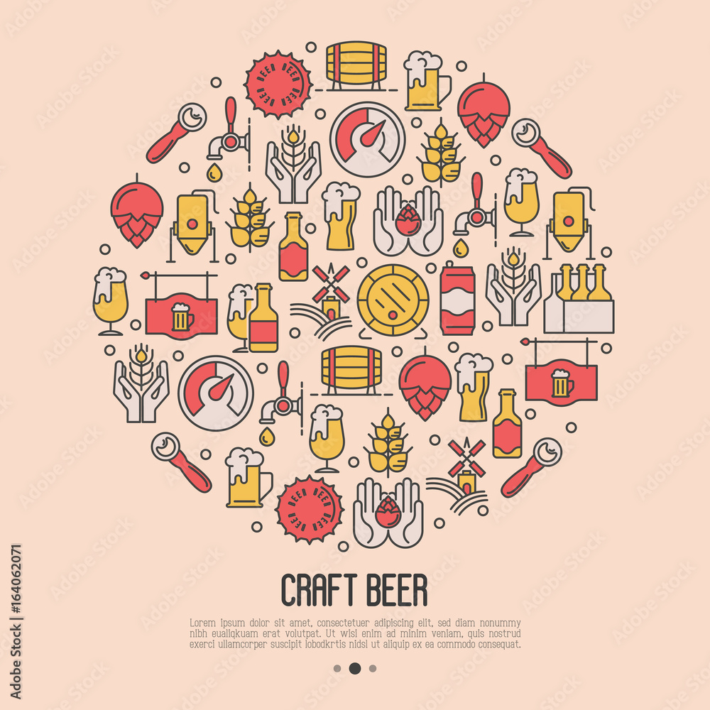 Craft beer concept in circle with thin line icons. Template for invitation, banner, web page, print media. Modern vector illustration for brewery and beer October festival. Craft beer concept in circle with thin line icons. Template for invitation, banner, web page, print media. Modern vector illustration for brewery and beer October festival.