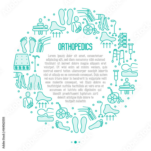Orthopedic and trauma rehabilitation concept in circle with thin line icons for web page or banner of clinics and medical centers. Vector illustration.