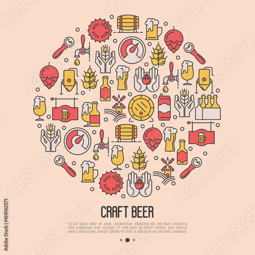 Craft beer concept in circle with thin line icons. Template for invitation, banner, web page, print media. Modern vector illustration for brewery and beer October festival.