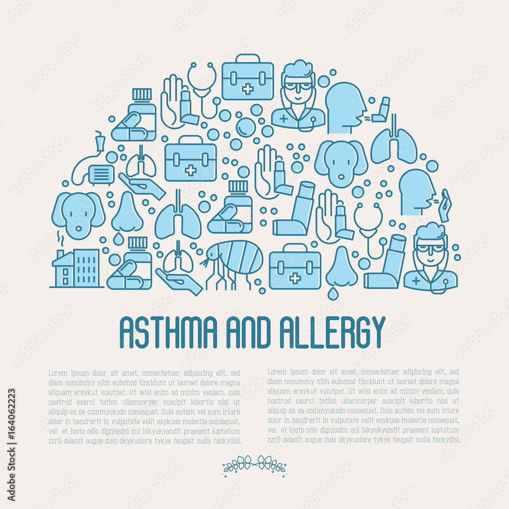 Asthma and allergy concept for web page, banner of clinic, contains thin line icons with allergy symptoms and the most common allergens. Asthma inhaler. Vector illustration.