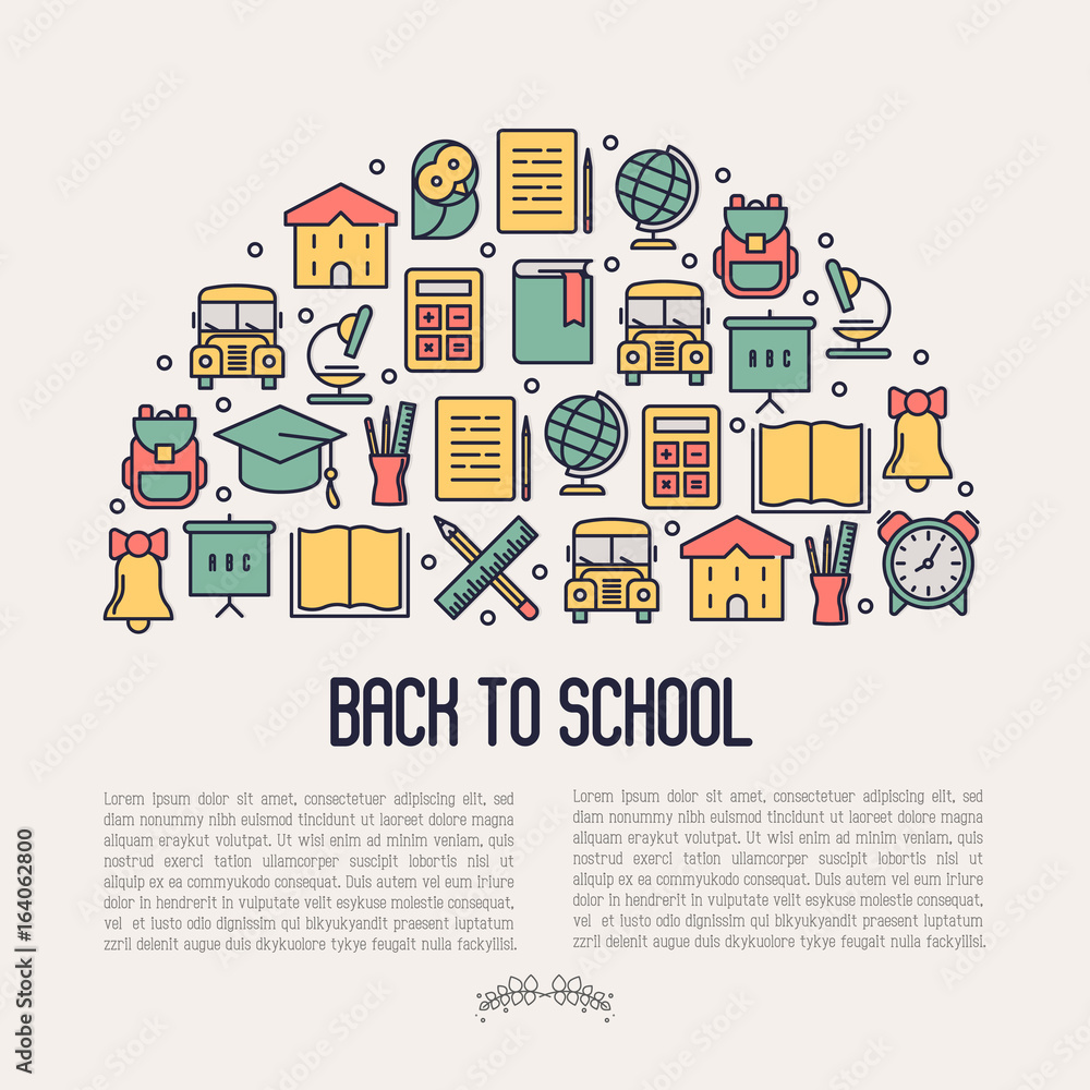 Back to school concept with thin line icons: school bus, globe, books, backpack, owl, bell, chalkboard. Vector illustration for banner, template of web page, print media.