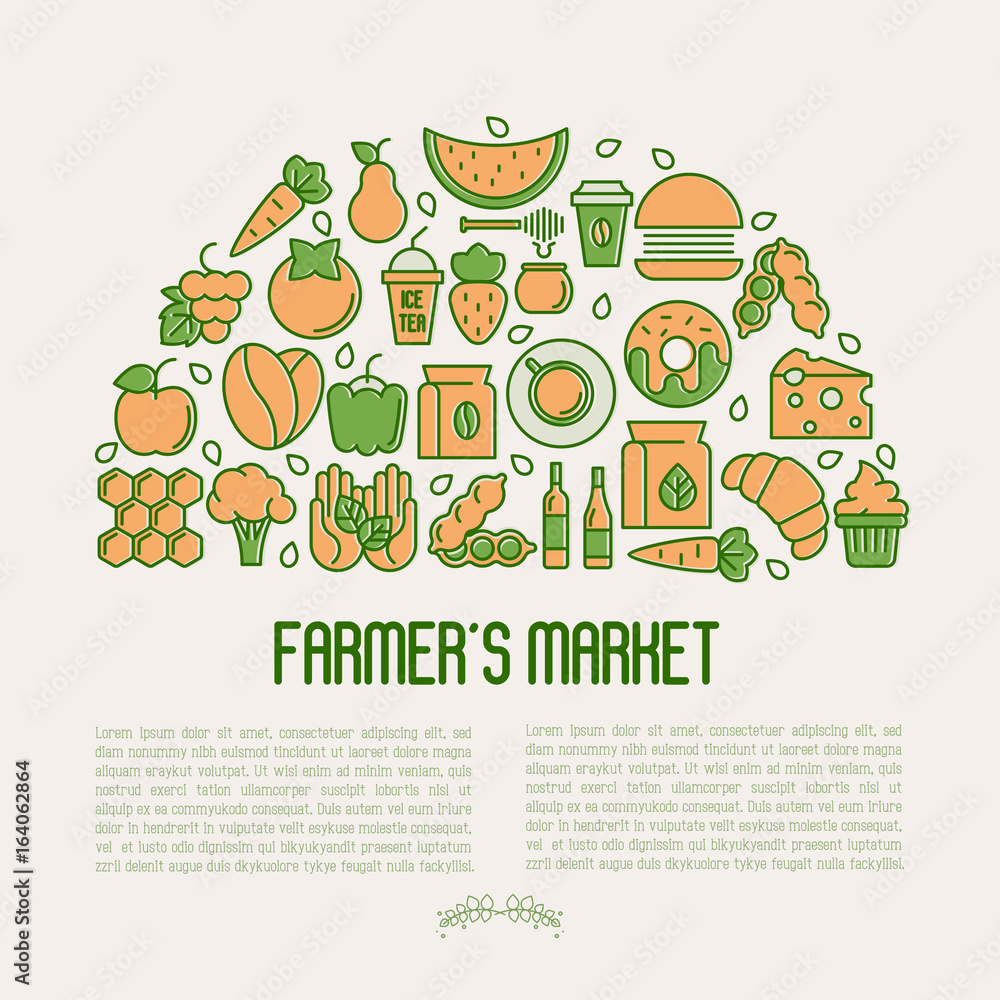 Farmer's market concept in circle with thin line icons: fruits, coffee, tea, honey, food, olive oil and place for text inside. Vector illustration for invitation, banner, announcement. Farmer's market concept in circle with thin line icons: fruits, coffee, tea, honey, food, olive oil and place for text inside. Vector illustration for invitation, banner, announcement.