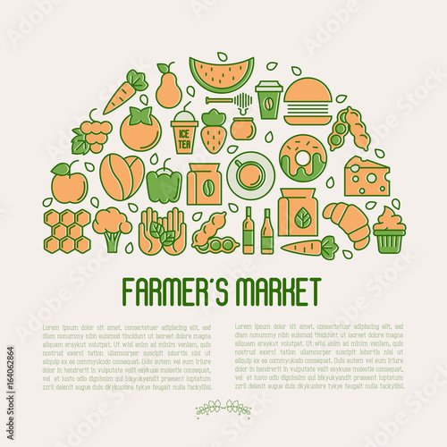 Farmer's market concept in circle with thin line icons: fruits, coffee, tea, honey, food, olive oil and place for text inside. Vector illustration for invitation, banner, announcement.