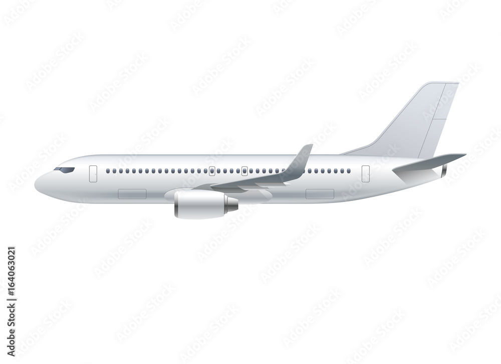 Flying airplane, jet aircraft, airliner. Side view of detailed passenger air plane isolated on white background. Vector illustration