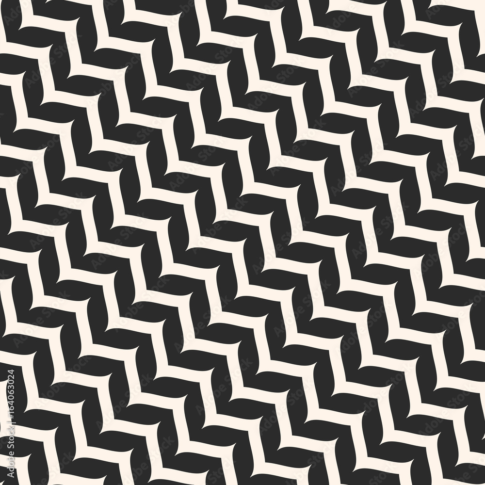 Vector seamless pattern, curly diagonal zig zag lines. Simple wavy stripes. Zigzag monochrome texture. Abstract repeat background. Design for prints, decor, package, textile, furniture, linens, cloth Vector seamless pattern, curly diagonal zig zag lines. Simple wavy stripes. Zigzag monochrome texture. Abstract repeat background. Design for prints, decor, package, textile, furniture, linens, cloth