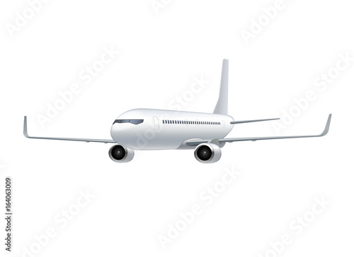 Flying airplane, jet aircraft, airliner. 3d perspective view of detailed realistic passenger air plane isolated on white background. Vector illustration