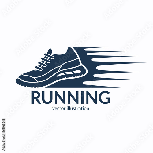 Speeding running shoe icon, symbol or logo. Sneaker silhouette with motion trails. Vector illustration