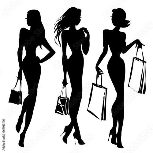 Black and white retro fashion model silhouette. Shopping girl with packs hand drawn vector illustration
