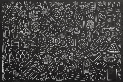 Doodle cartoon set of Sport objects and symbols © balabolka