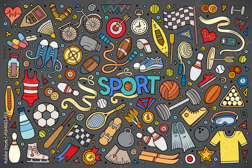 Doodle cartoon set of Sport objects and symbols