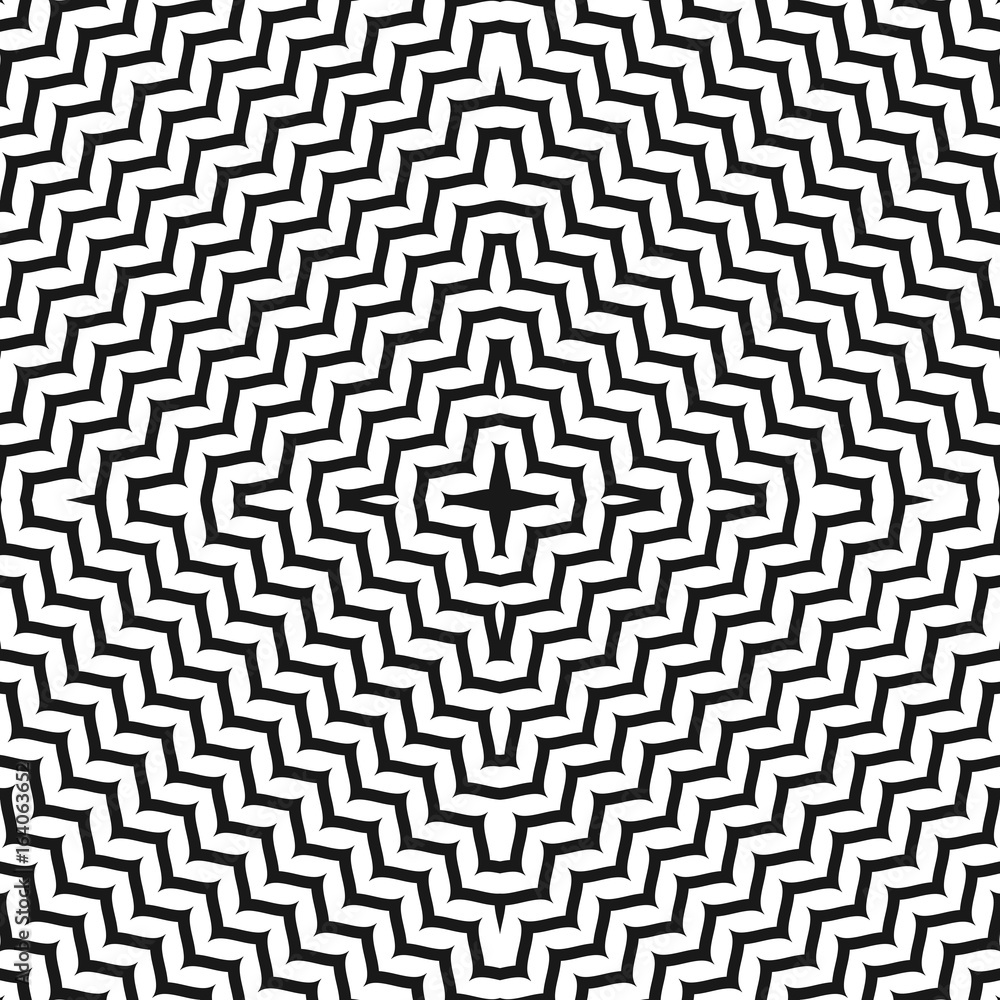 Vector seamless pattern, geometric texture with concentric zigzag lines in square form. Black & white abstract wavy background, dynamical optical illusion. Monochrome design element for prints, decor Vector seamless pattern, geometric texture with concentric zigzag lines in square form. Black & white abstract wavy background, dynamical optical illusion. Monochrome design element for prints, decor