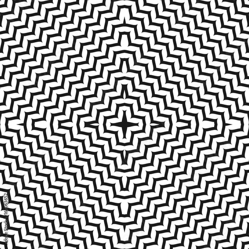 Vector seamless pattern, geometric texture with concentric zigzag lines in square form. Black & white abstract wavy background, dynamical optical illusion. Monochrome design element for prints, decor