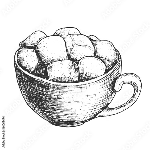 Sketch ink graphic cup of cacao with marshmallow illustration, draft silhouette drawing, black on white background. Delicious vintage etching food design.