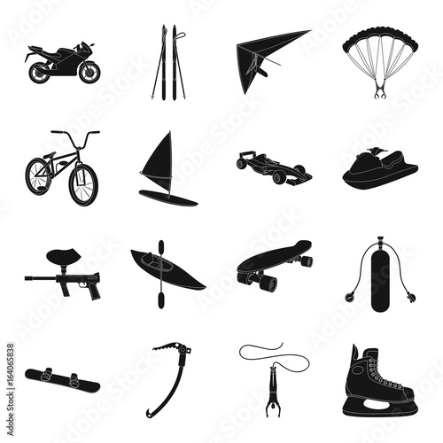 Motorcycle racing, downhill skiing, jumping, parachuting and other sports. Extreme sports set collection icons in black style vector symbol stock illustration web. photo