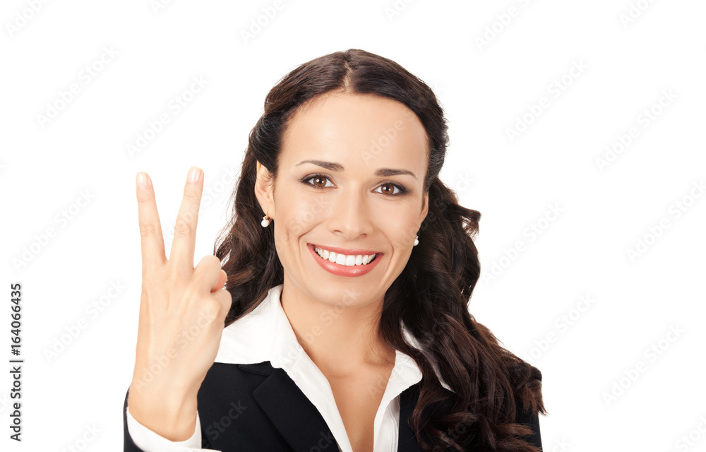 Businesswoman showing two fingers, on white Businesswoman showing two fingers, on white