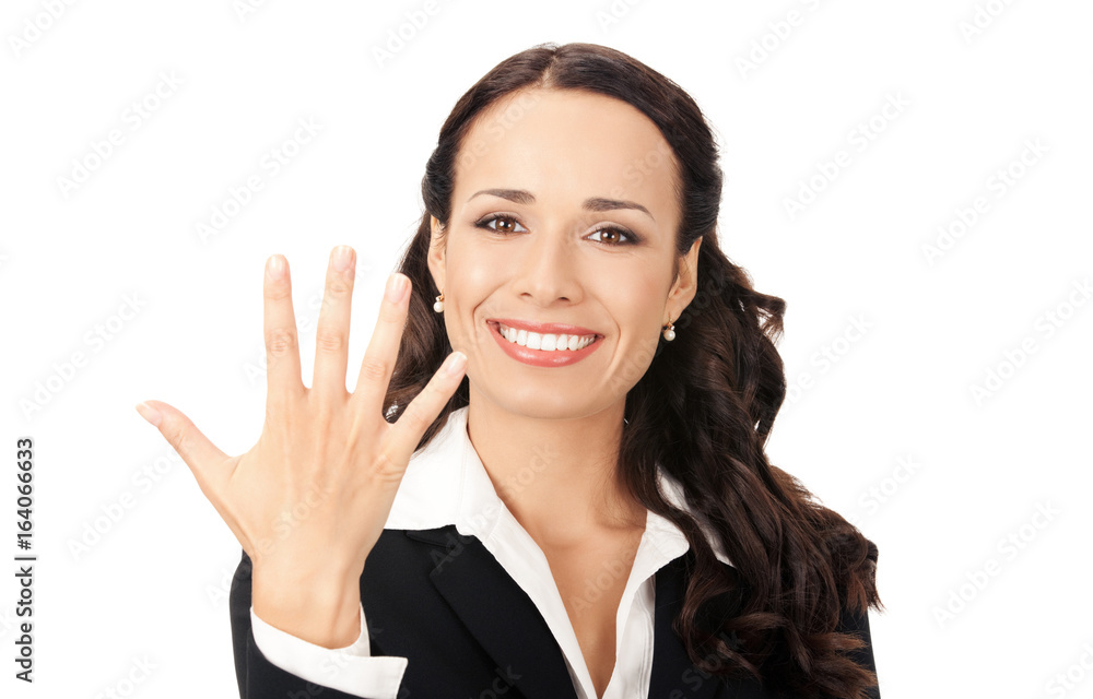 Businesswoman showing five fingers, on white Businesswoman showing five fingers, on white