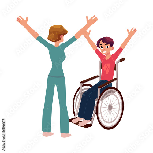 Medical rehabilitation, therapist doing remedial gymnastics with young man in wheelchair, cartoon vector illustration on white background. Medical rehabilitation, physical therapy, remedial gymnastics