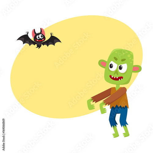 Halloween monsters - green zombie and vampire bat, cartoon vector  illustration with space for text. Green monster, zombie and vampire bat,  traditional Halloween symbol Stock Vector | Adobe Stock