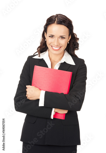 Businesswoman with folder, on white