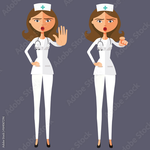 Angry doctor woman showing stop gesture with hand nurse lady motivation vector flat cartoon illustration.