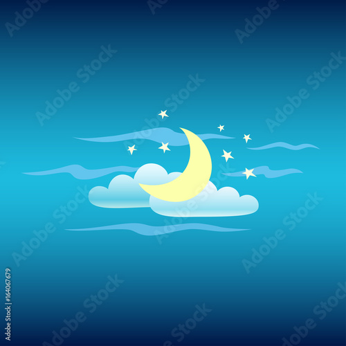 Nightly sky. Moon, clouds and star. Vector