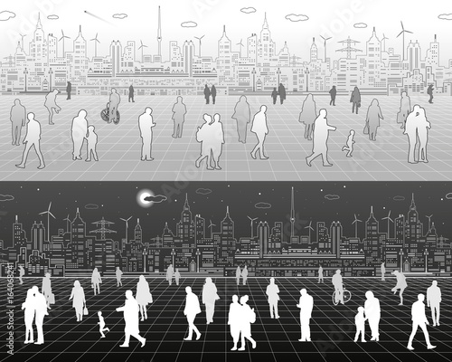 A lot of people walk around the square, against the background of a modern city, vector design art