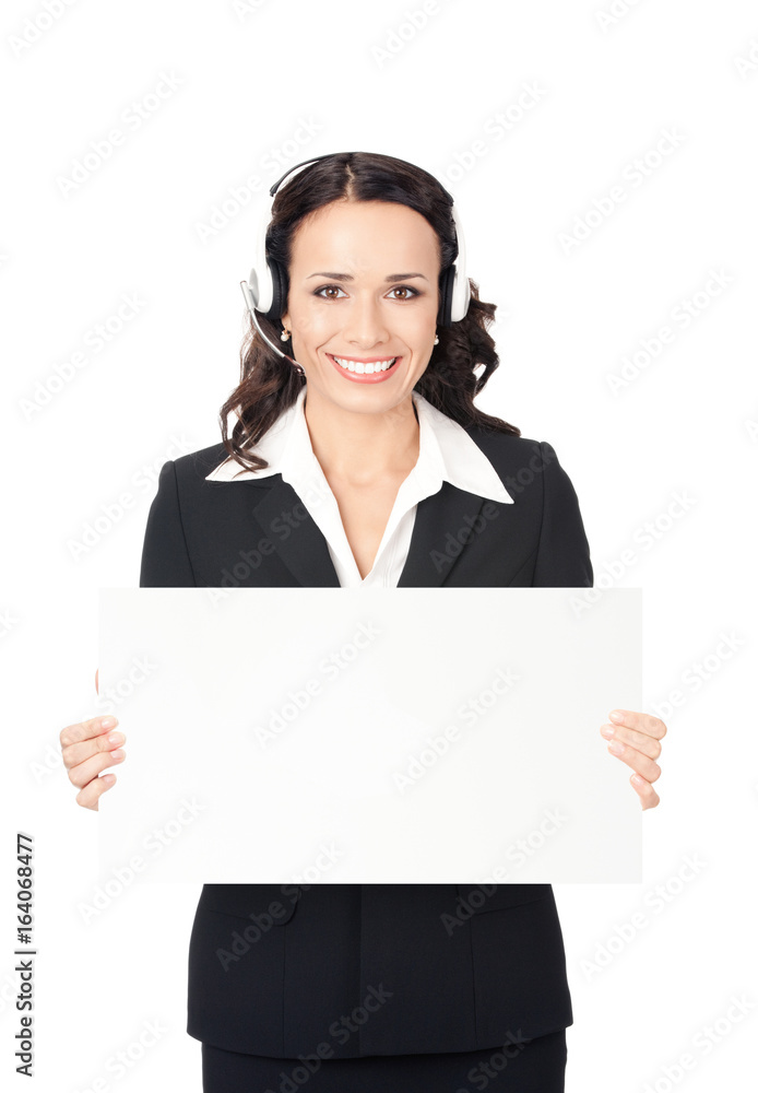 Support phone operator with signboard, on white Support phone operator with signboard, on white