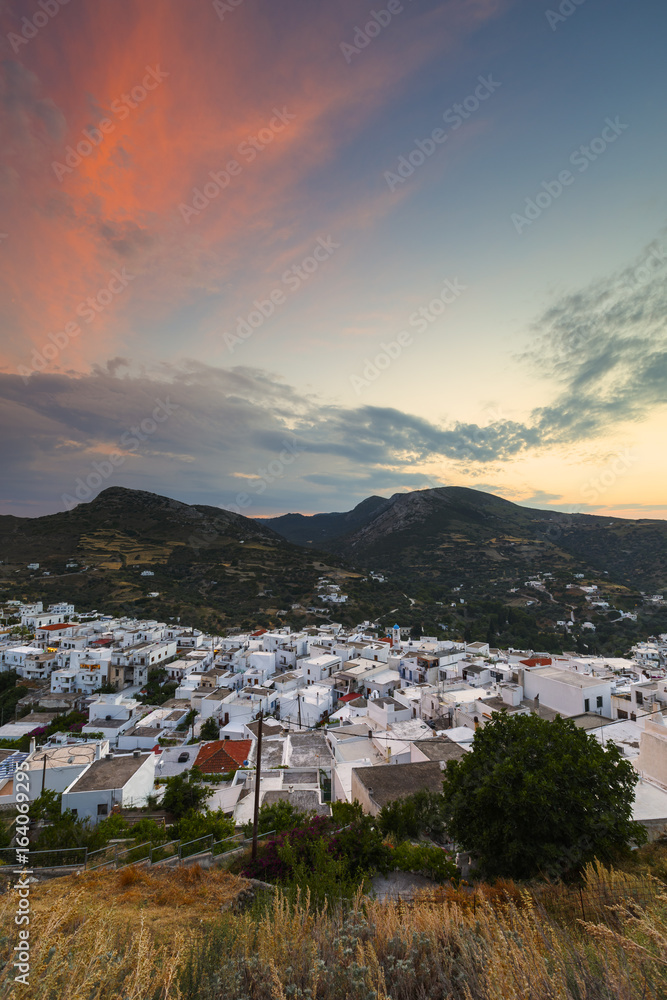 View of Chora village from the hill above, Skyros island, Greece.
