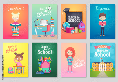 Back to School card set, school kids, chalkboards, equipment.