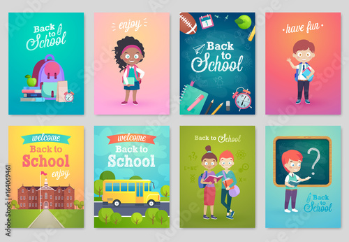 Back to School card set, school kids, chalkboards, equipment.