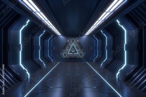 Fototapeta Naklejka Na Ścianę i Meble -  Science background fiction interior rendering corridor and blue light,3D rendering
