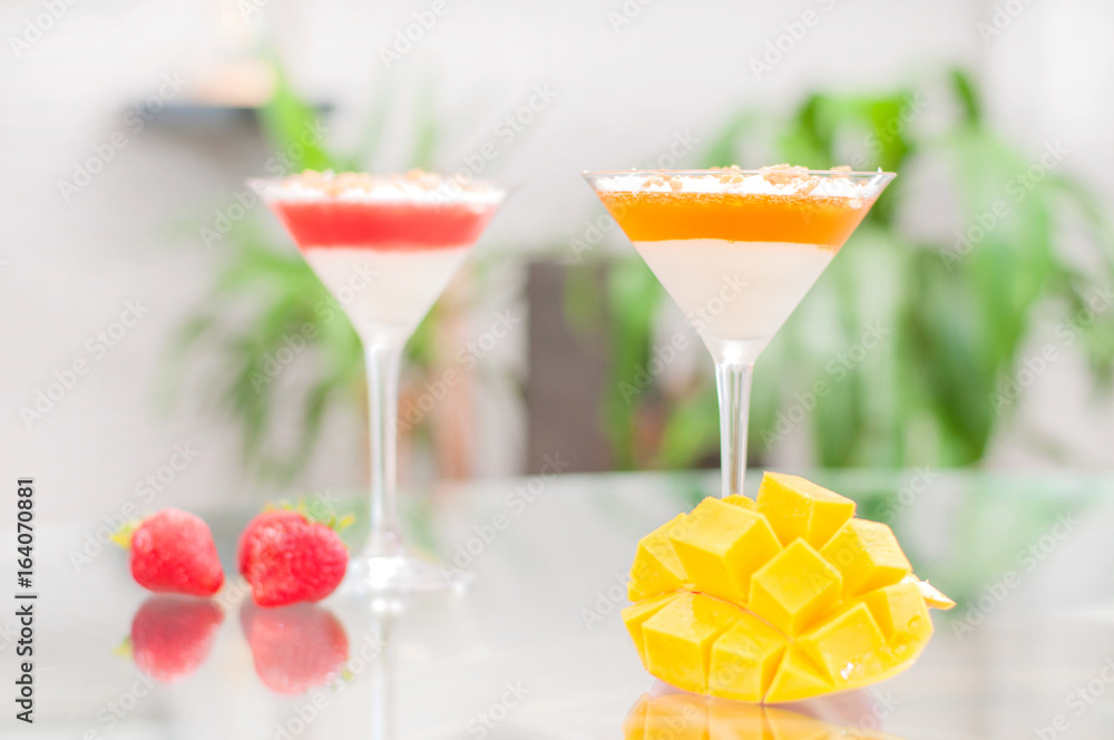 Panna cotta dessert with fruit jelly. Panna cotta dessert with fruit jelly.