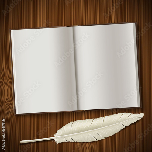 Notepad and feather lie on a wooden table.