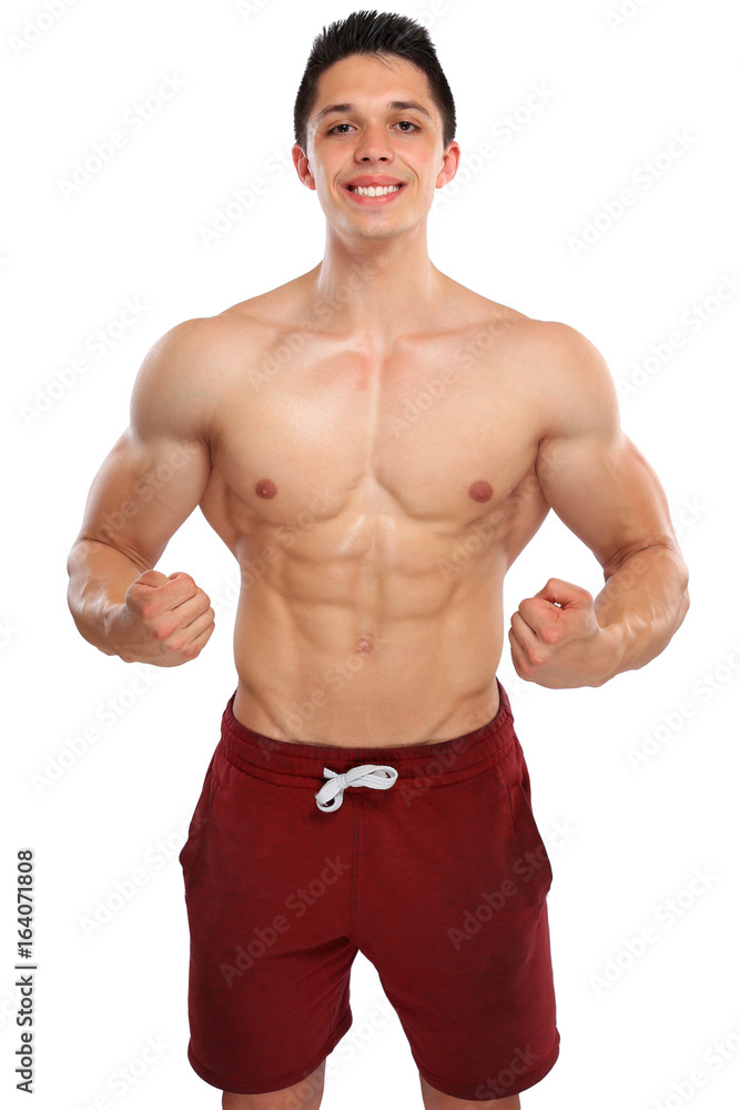 Fototapeta premium Junger Mann stark Stärke Kraft Power muskulös Bodybuilder Bodybuilding Muskeln jung Freisteller