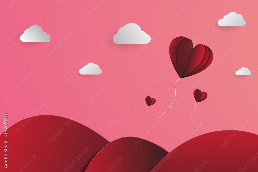 Heart-shape balloons papercut in the sky, Landscape papercut vector,  for valentines'day and any events