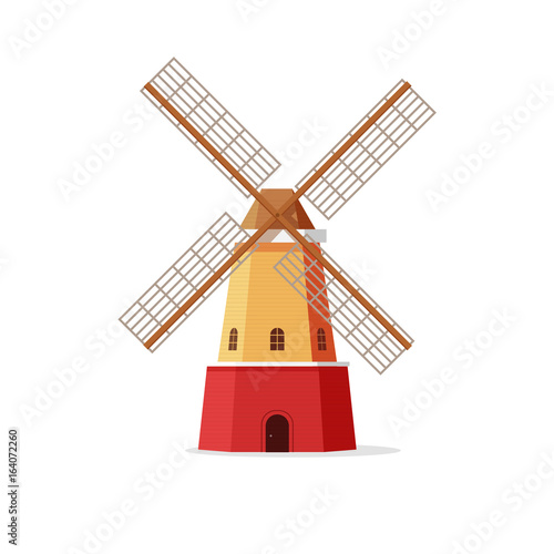 Mill vector illustration, flat cartoon windmill isolated on white background