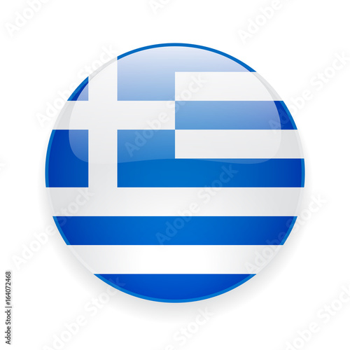 Round glossy icon with national flag of Greece on white background