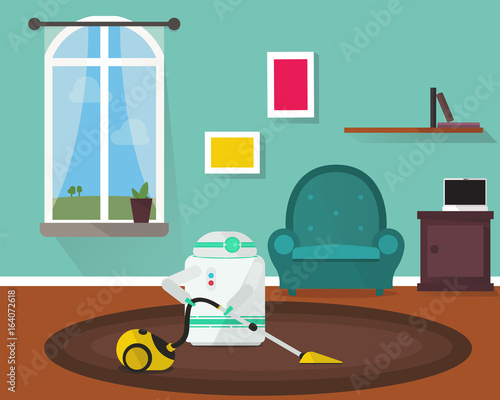 Domestic Robot vacuum cleaning the room. Personal robot housekeeping futuristic concept illustration vector.