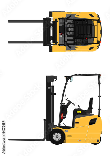 The plan view three-wheeled counterbalance forklift. Flat vector.