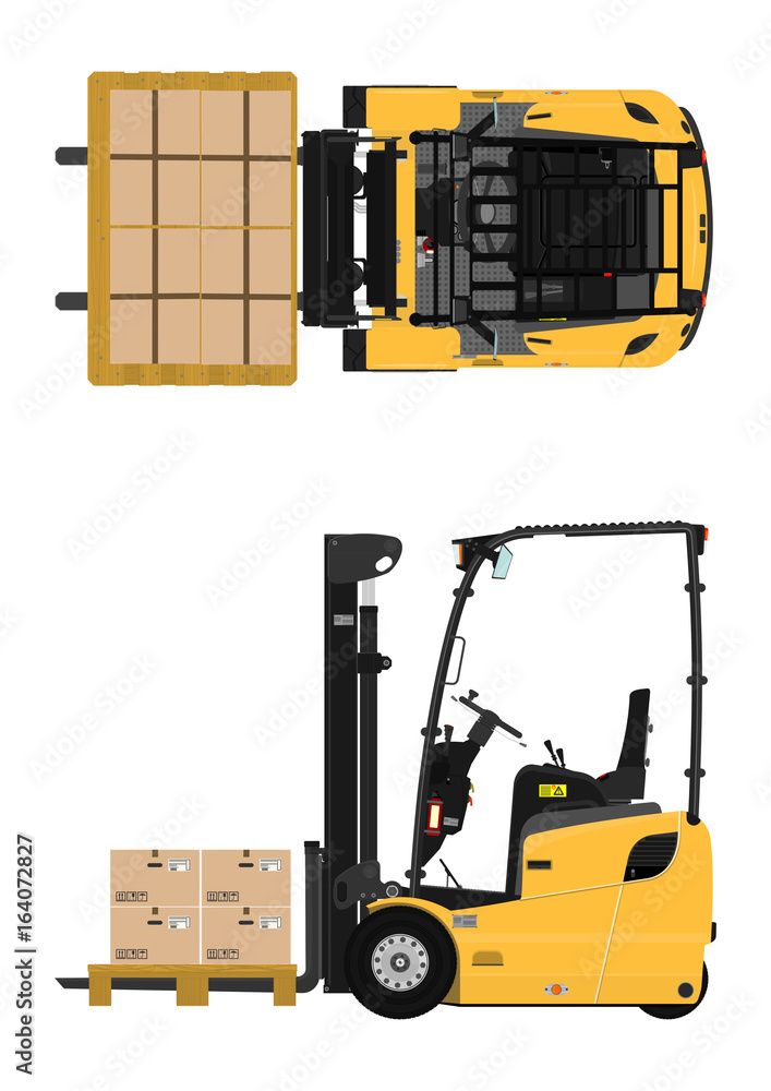 Naklejka premium Plan and side view o fthree-wheeled counterbalance forklift. Vector.