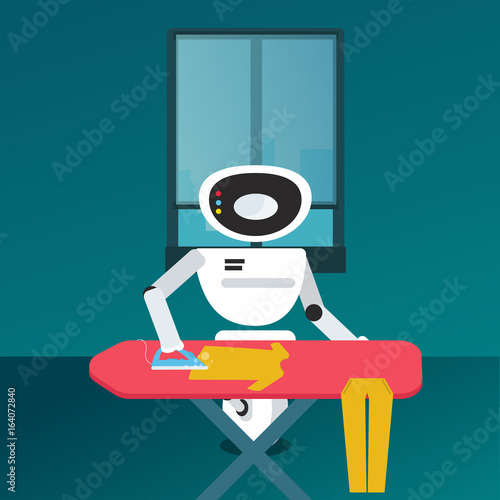 Domestic Robot ironing clothes. Personal robot housekeeping futuristic concept illustration vector.