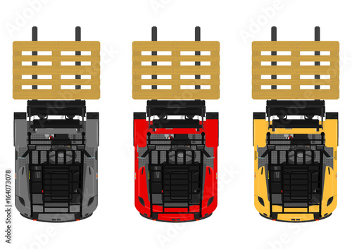The plan view three-wheeled counterbalance forklift. Flat vector.