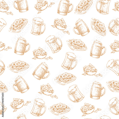 Seamless Pattern, Hand drawing graphic sketch with Snacks, Beer in a glass, mug, cup and jar. Applicable for Placards, Posters, Leaflets and Oktoberfest Banner Designs. Vector of brown, sepia colors