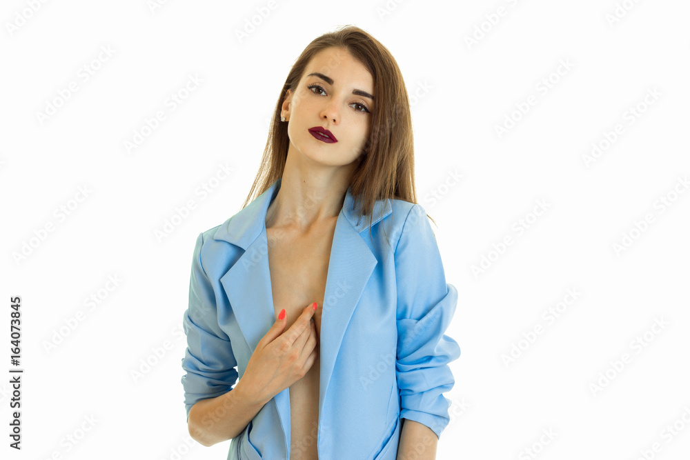horizontal portrait of a beautiful girl with dark lipstick and blue jacket horizontal portrait of a beautiful girl with dark lipstick and blue jacket