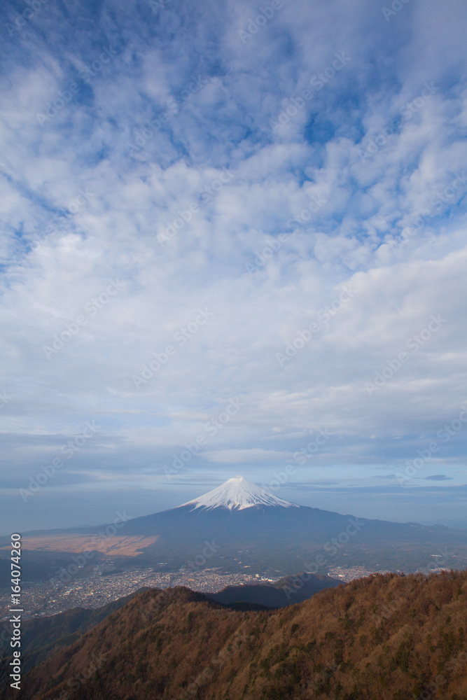 View of Mountain Fuji and Fujiyoshida town seen from Mountain Mitsutoge