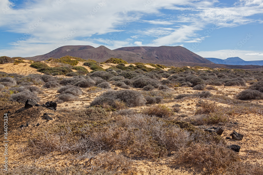 Picturesque desert landscape of Graciosa volcanic island with sparse vegetation,  Lanzarote, Canary Islands, Spain